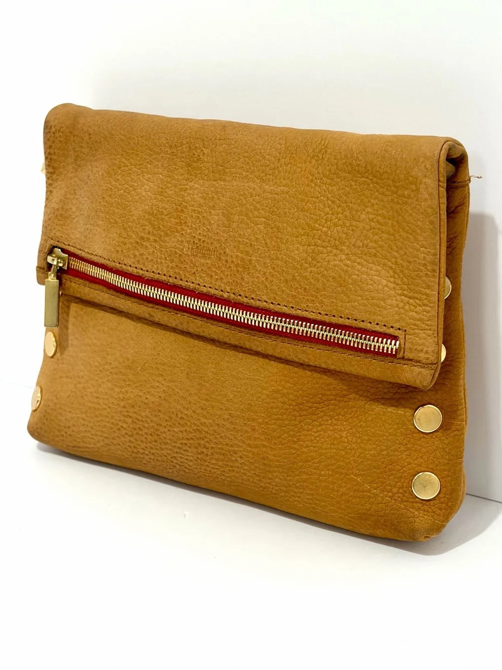 HAMMITT VIP MD Crossbody Bag In Tan Pebbled Nubuck/Brushed Gold/Red Zip